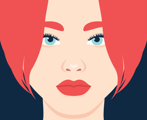 Beautiful redhead woman close up portrait.  Full face of a young female with red hair. Vector illustration
