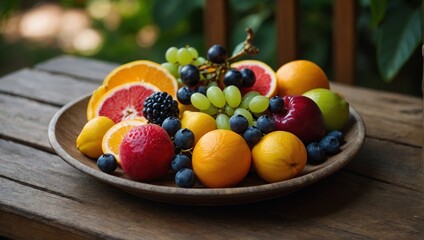 Fototapeta premium A plate of fruit with a variety of colors including oranges, apples, and grapes