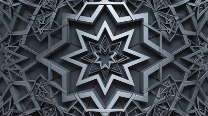 Charcoal Grey and Silver Islamic Star Pattern A modern 3D realistic Islamic star pattern in charcoal grey and silver, with detailed geometric designs on a dark gray background.