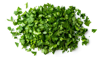 Obraz premium Chopped parsley leaves isolated on white, top view
