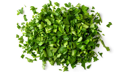 Obraz premium Chopped parsley leaves isolated on white, top view