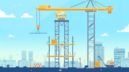 construction site with cranes, workers and a computer screen showing a website design in a blue color palette illustration design