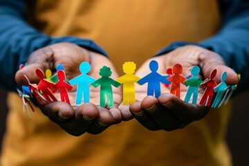 Hands holding a chain of colorful paper people symbolizing unity and support for refugees