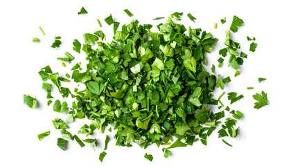 Obraz premium Chopped parsley leaves isolated on white, top view