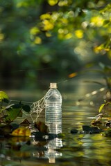 Naklejka premium Bouteille en plastique abandonnée dans un environnement aquatique naturel