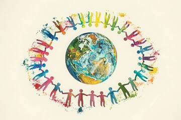 Colorful paper people holding hands in a circle around the globe, symbolizing global unity and support for refugees