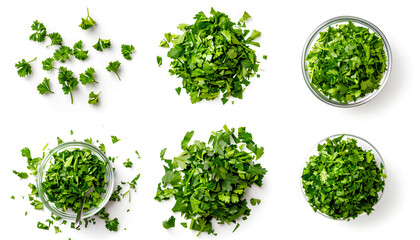 Naklejka premium Chopped parsley leaves isolated on white, top view