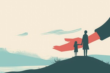 Obraz premium Illustration of a large hand reaching out to protect a mother and child, symbolizing humanitarian aid and support for refugees