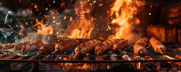 grilled sausages cooking on fire
