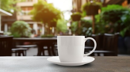 Fototapeta premium Blank cup of coffee standing on table in cafe outdoors terrace. 