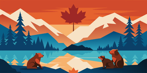 Beautiful illustration of a bear family by a lake with mountains and a large maple leaf in the sky, symbolizing Canada