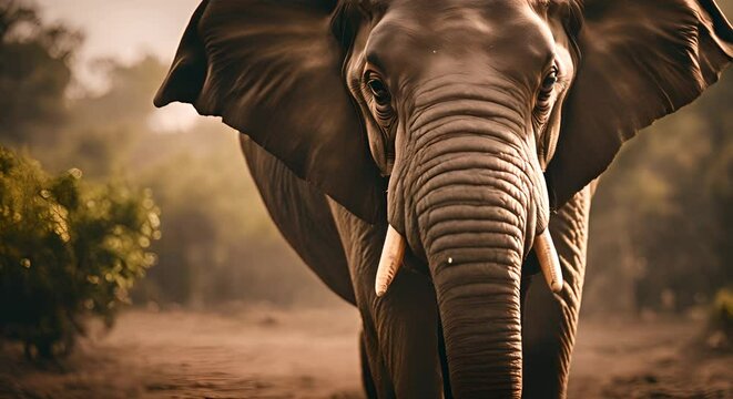 Against a sandy background stands an impressive Indian elephant, whose huge body exudes strength and majesty