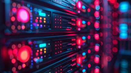 Obraz premium Close-up of a server rack with blinking lights and network connections in a data center