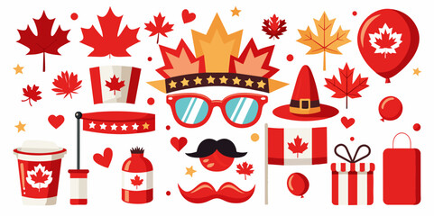 Collection of Canada Day themed items including maple leaves, flags, hats, glasses, and more, all in festive red and white colors