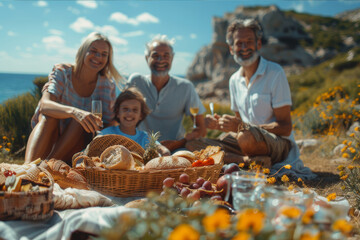 Multigenerational family picnic on a beach with sea view and sandwiches. AI generated.