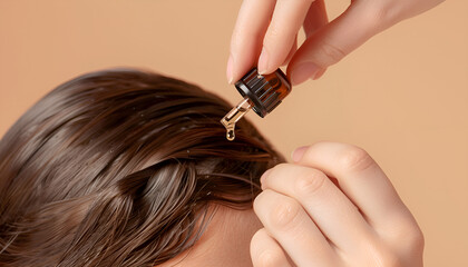 Woman applying essential oil onto hair roots on beige background, closeup