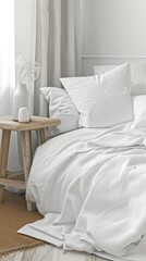 a Scandinavian-style interior mockup featuring a pristine white linen sofa adorned with plain cotton pillows, alongside a light wood end table.