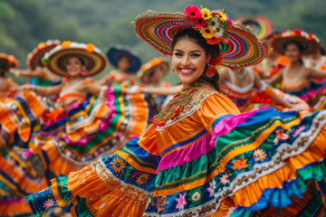 Traditional dancers in vibrant costumes at a summer cultural festival, performing with joy and energy. AI generated.