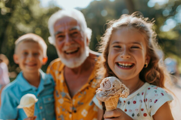 A joyful gathering of a multi-generational family enjoying different flavors of ice creams on a sunny park. AI generated.