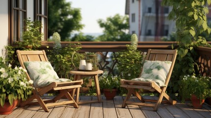  Beautiful balcony or terrace with chairs, natural material decoration.