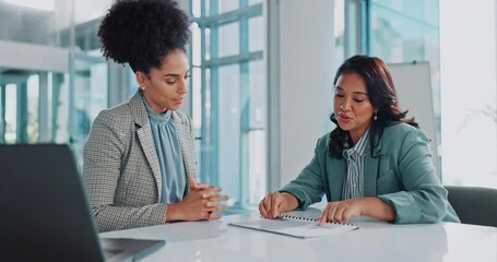 Businesswomen, handshake and paperwork signature in office for new job contract, agreement or congratulations. Female people, workplace and partnership deal or onboarding offer, hiring or welcome