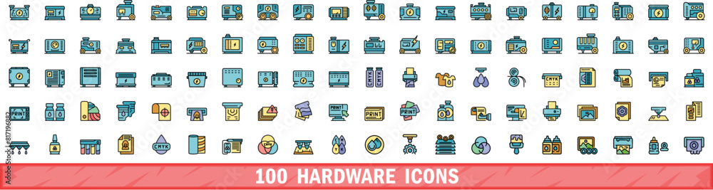 Wall mural 100 hardware icons set. color line set of hardware vector icons thin line color flat on white - Wall murals
