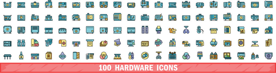 100 hardware icons set. Color line set of hardware vector icons thin line color flat on white