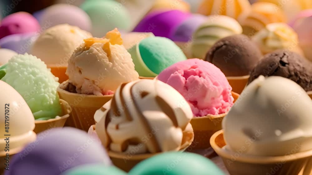 Poster assorted colorful ice cream cones arranged on table generative ai