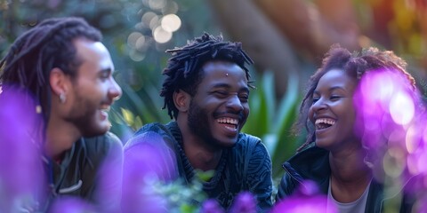 Group of diverse friends laughing together in a garden sharing jokes. Concept Outdoor Photoshoot, Friendship, Diverse Group, Laughter, Joy