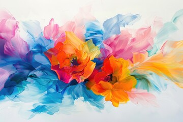 Beautiful ink and watercolor flower in blue, yellow, oink and purple on white background, banner.