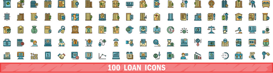 100 loan icons set. Color line set of loan vector icons thin line color flat on white