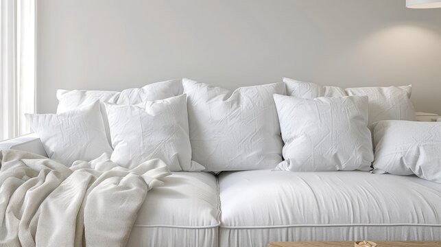 a Scandinavian-style interior mockup featuring a pristine white linen sofa adorned with plain cotton pillows, alongside a light wood end table.