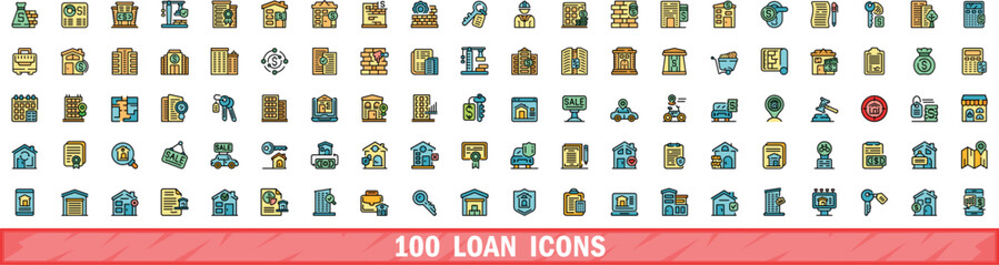 100 loan icons set. Color line set of loan vector icons thin line color flat on white