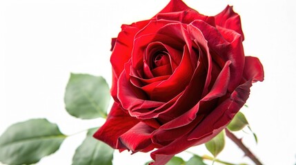 A vibrant red rose with delicate loose petals stands out against a pure white background