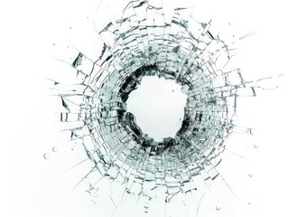 round hole in glass cracks. white background