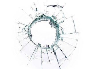 round hole in glass cracks. white background