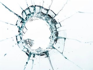 round hole in glass cracks. white background