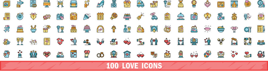 Naklejka premium 100 love icons set. Color line set of love vector icons thin line color flat on white