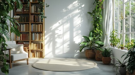 A white colored stylish study room, blank wall, books on bookcase, green plants, curtains, sunlight. Generative AI.