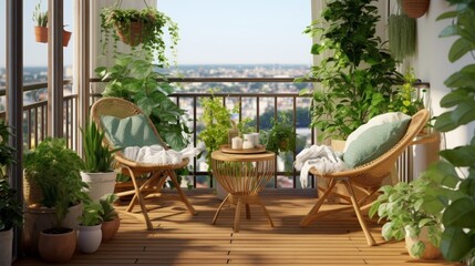 Obraz premium Beautiful balcony or terrace with chairs, natural material decoration.