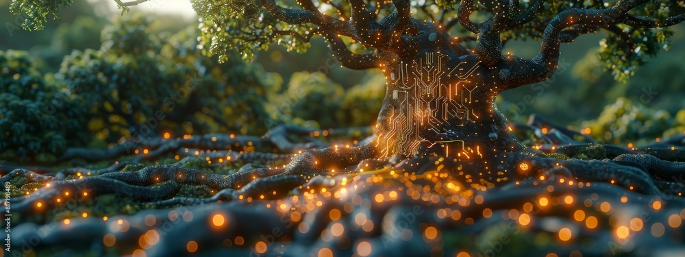 Poster nature and technology: a digital circuit board merging with a tree.