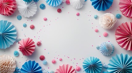 Fototapeta premium Joyful Birthday Celebration: Colorful Balloons, Streamers, Gift, and Confetti Adorn Minimalist Background