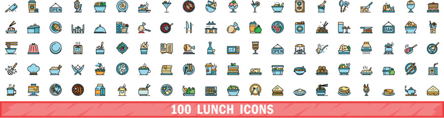 100 lunch icons set. Color line set of lunch vector icons thin line color flat on white