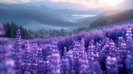 A field of purple flowers with a hillside and a village in the background  Generate AI