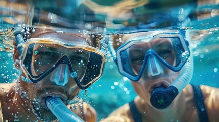 couple underwater snorkeling, summer travel holidays