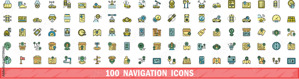 Poster 100 navigation icons set. color line set of navigation vector icons thin line color flat on white