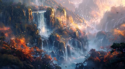 Liquid dreams cascade down crystalline cliffs, their shimmering descent an ode to the ephemeral nature of beauty.