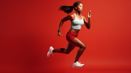 strong young african runner, isolated on a red background with copy space, Olympic Games Paris 2024 concept 