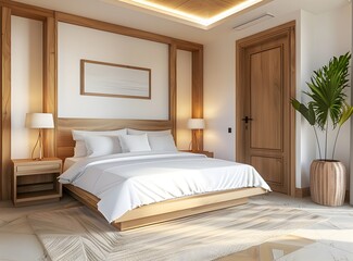 Modern minimalist bedroom interior with wooden door and white bed in hotel room, home decor idefor vacation or travel concept