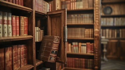A bookshelf swinging open to reveal a hidden wall safe behind it.